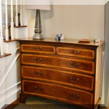 F06. Walnut banded concave 5-drawer chest of drawers with brass handles 40”h x 48”w x 18”d - $1200